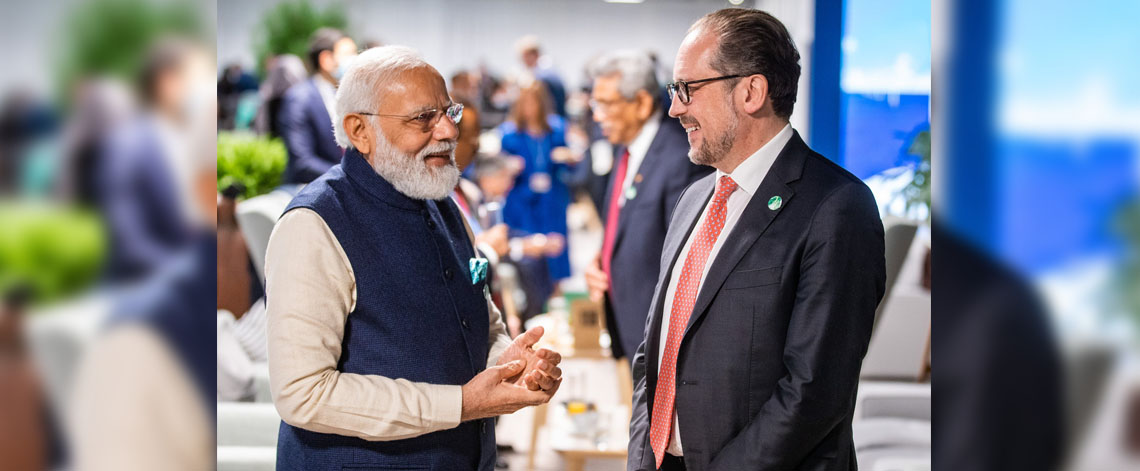 Friendly meeting of PM  Narendra Modi with Chancellor Schallenberg in the margins of COP26 in Nov, 2021.